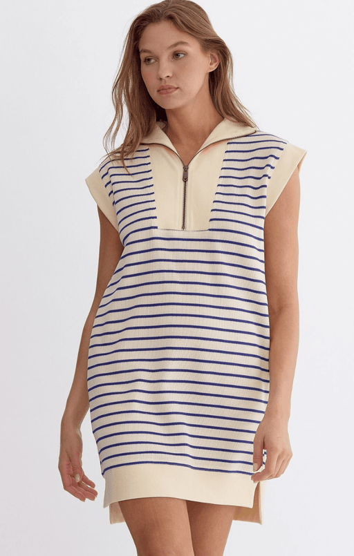 Stripe Half-Zip Shirt Dress in Cream Blue - Lockwood Shop - Entro