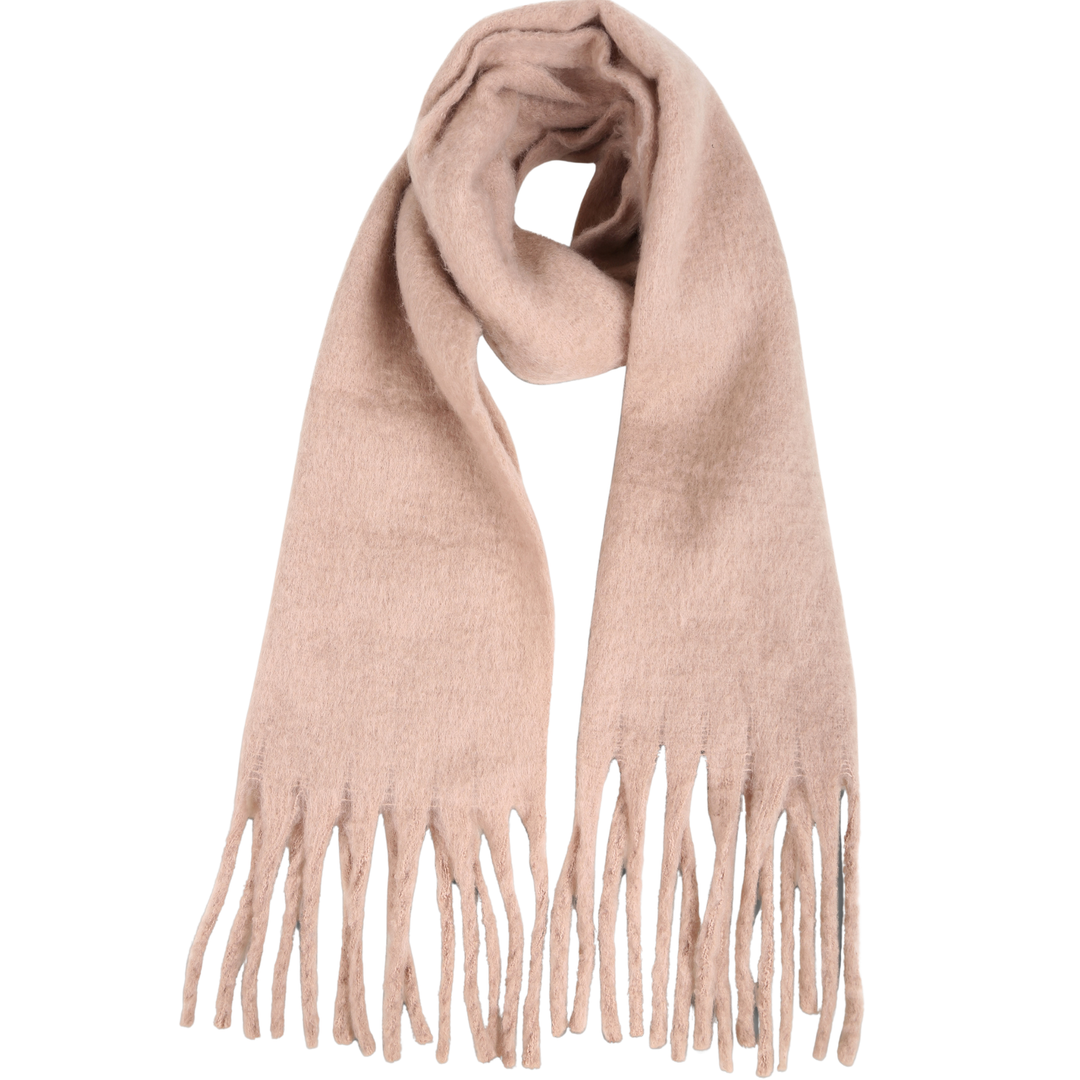 A soft, light beige scarf with fringed ends, draped elegantly against a solid white background.