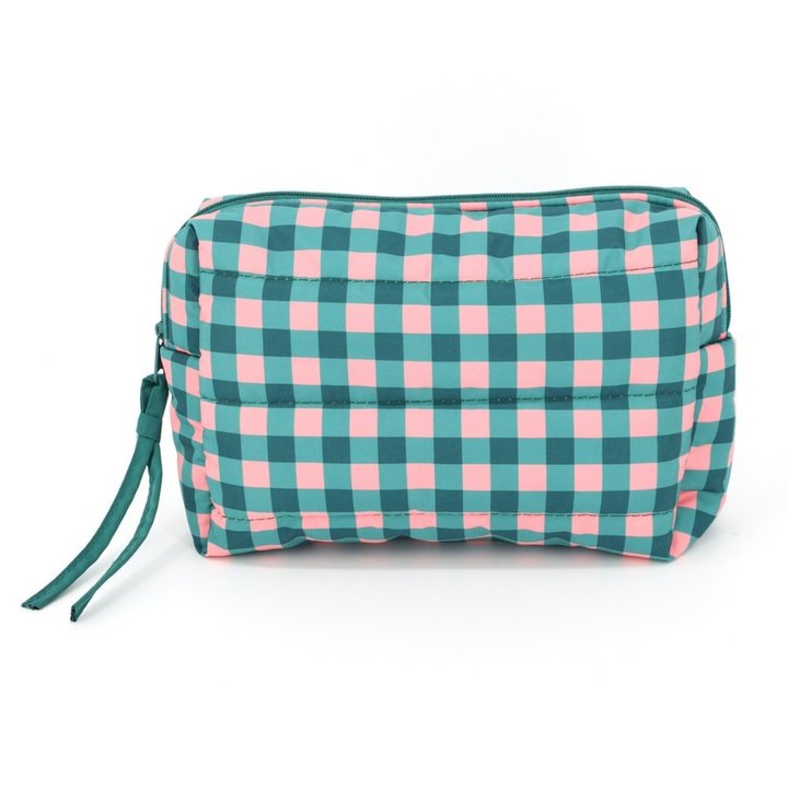A rectangular zippered pouch with a pink and teal gingham check pattern, featuring a matching teal zipper pull, shown on a plain white background.