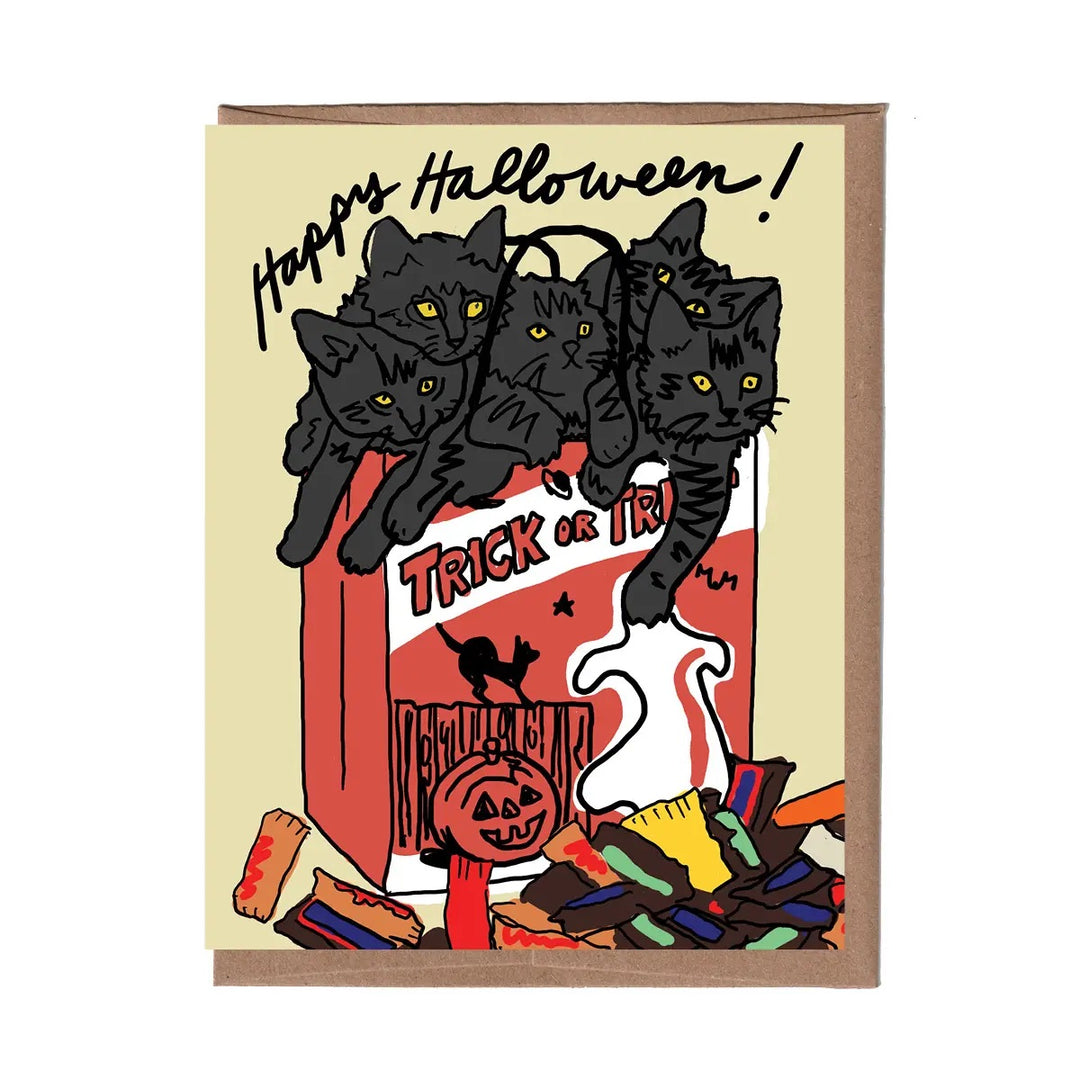A Halloween greeting card featuring four black cats perched on a red candy bag with the words &