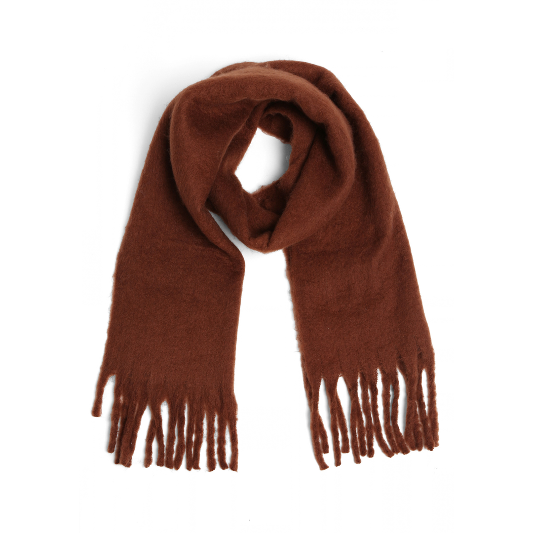 A warm brown knit scarf with fringed ends, neatly arranged in a loop on a solid white background.
