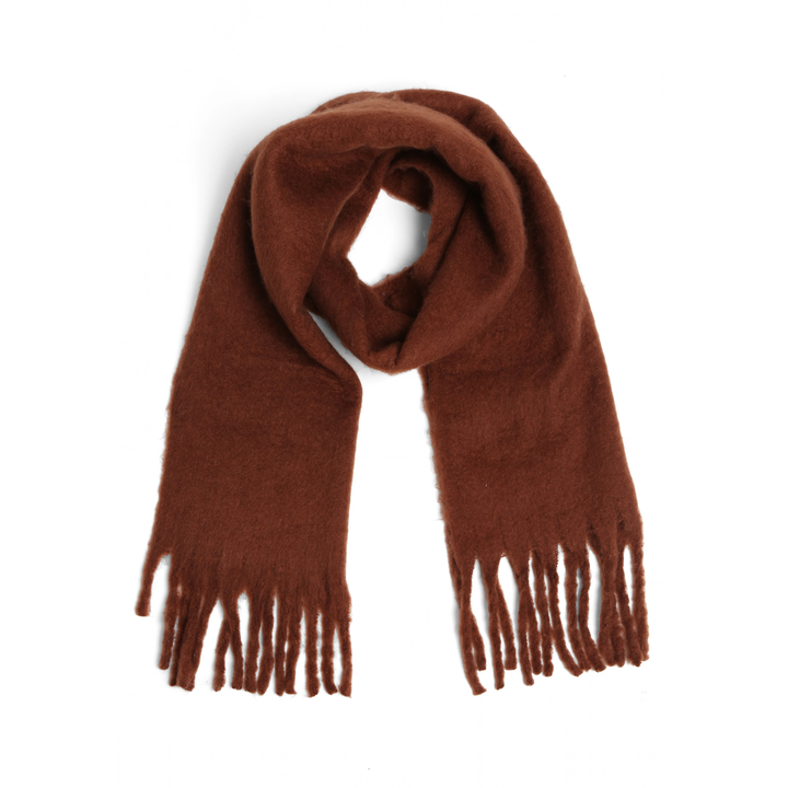 A warm brown knit scarf with fringed ends, neatly arranged in a loop on a solid white background.
