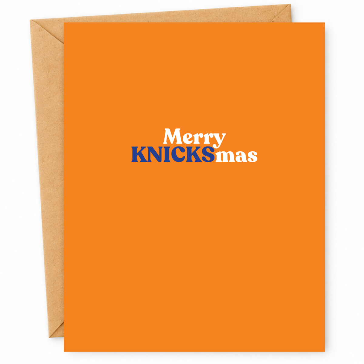An orange greeting card with a brown kraft envelope behind it. The card has the text 'Merry KNICKSmas' printed in white and blue on the front.