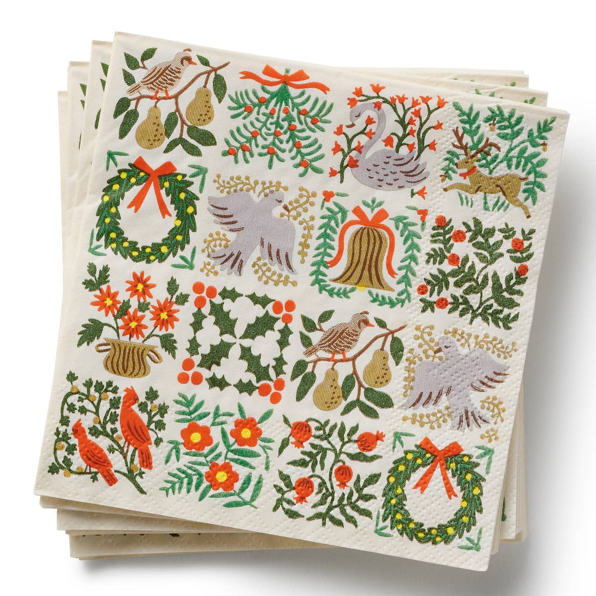 A stack of square paper napkins featuring a festive Christmas woodland pattern with birds, wreaths, holly, pinecones, and red berries on an off-white background.