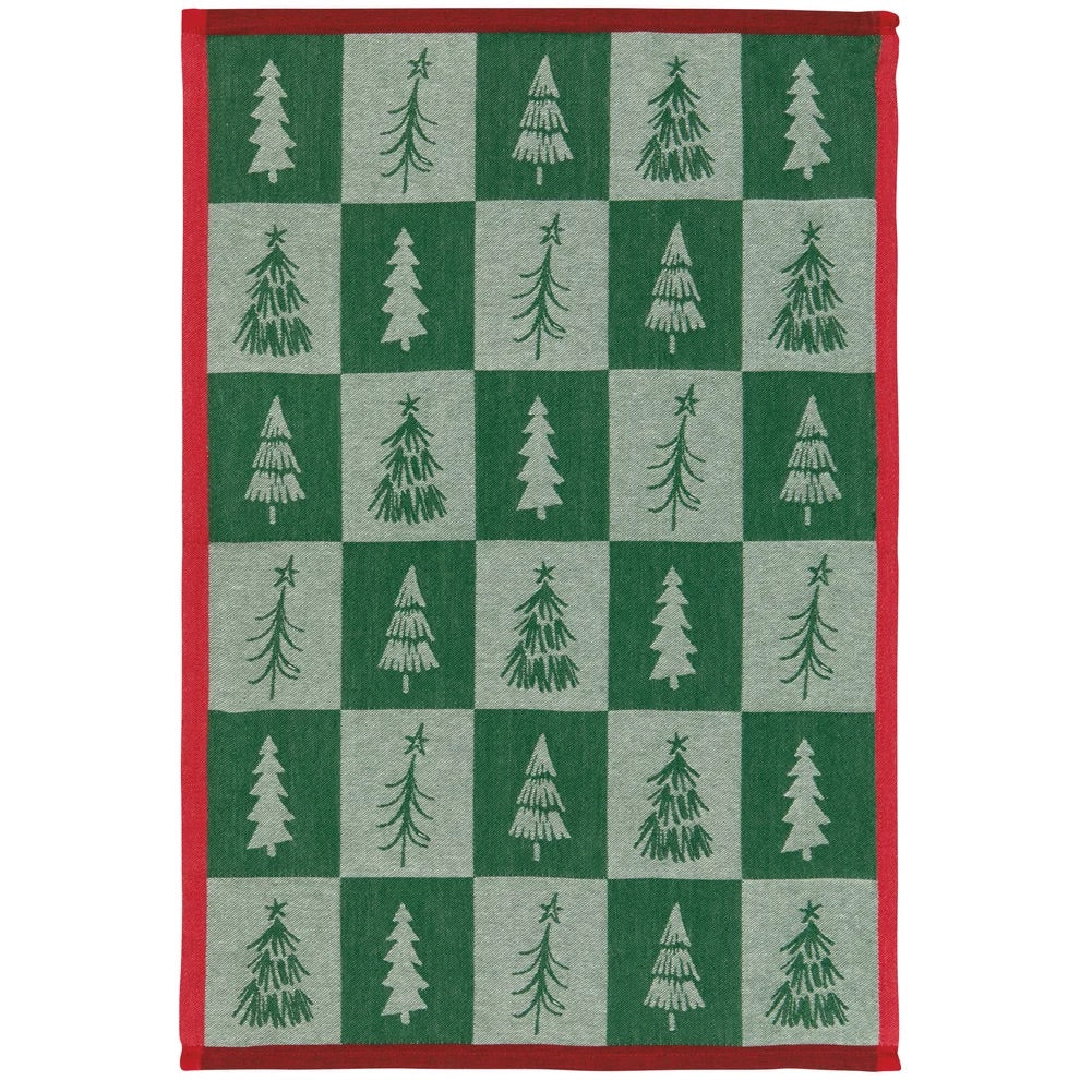 A square area rug featuring a green and light gray checkerboard pattern with stylized Christmas trees and stars, finished with a solid red border.