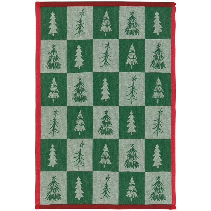 A square area rug featuring a green and light gray checkerboard pattern with stylized Christmas trees and stars, finished with a solid red border.
