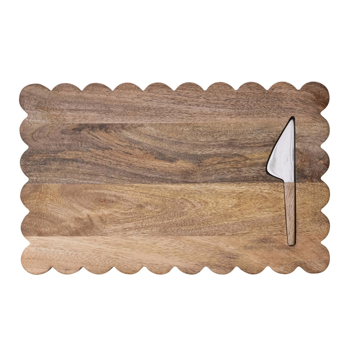 Mango Wood Scalloped Serving Board w/ Stainless Steel Cheese Knife