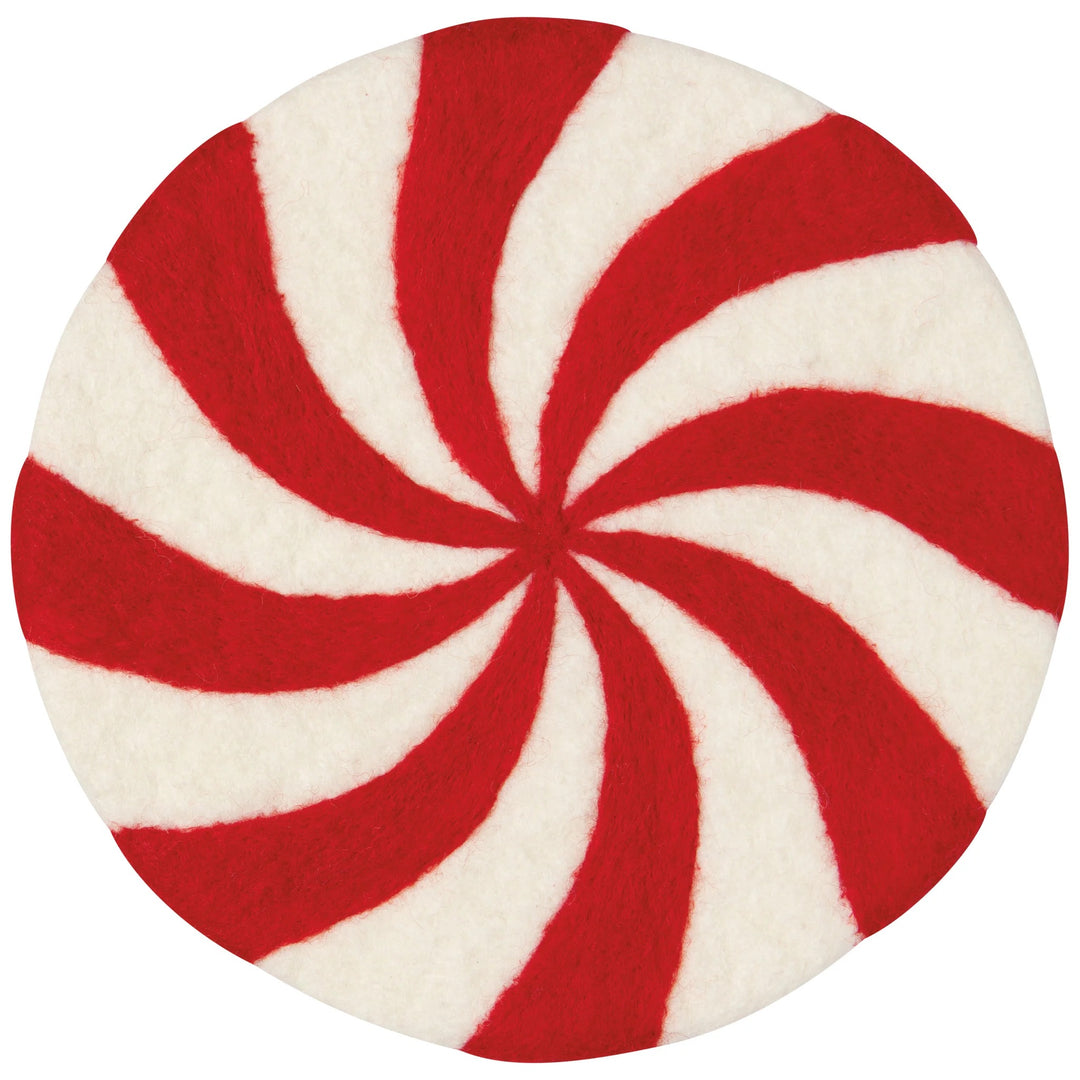 A round rug with a red and white spiral candy cane pattern, shown on a plain white background.