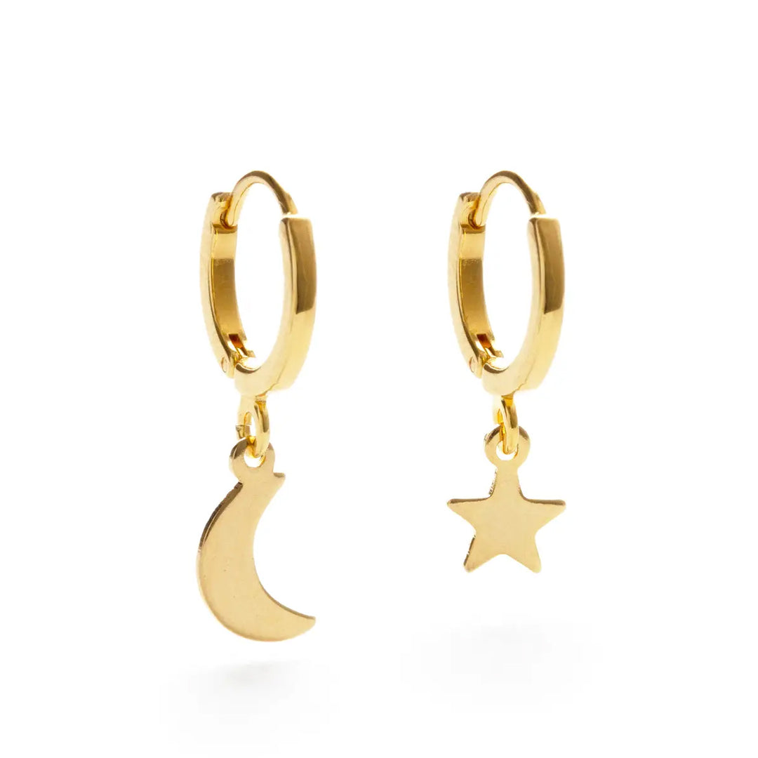 Night Sky Star &amp; Crescent Moon Huggie Hoops