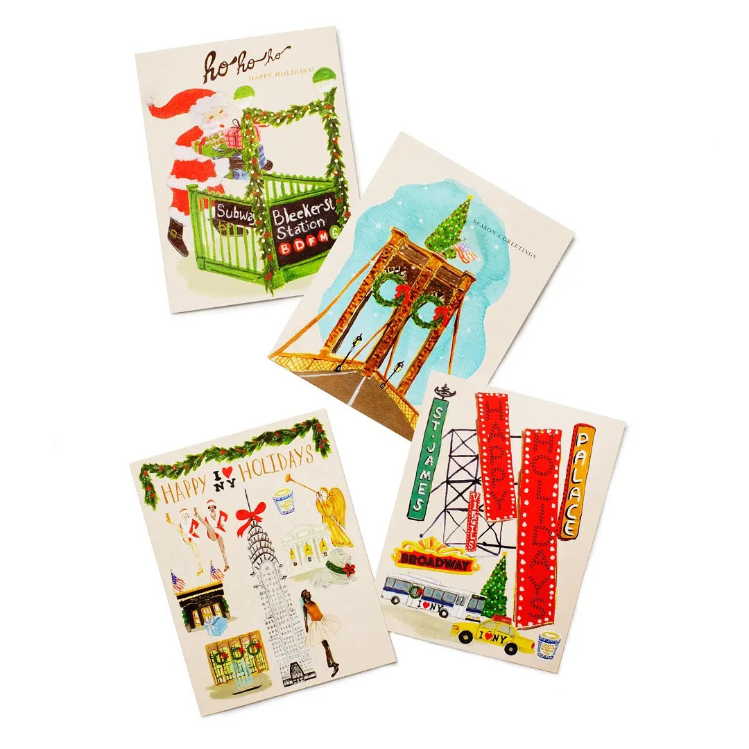 Four colorful holiday cards with festive designs on a white background