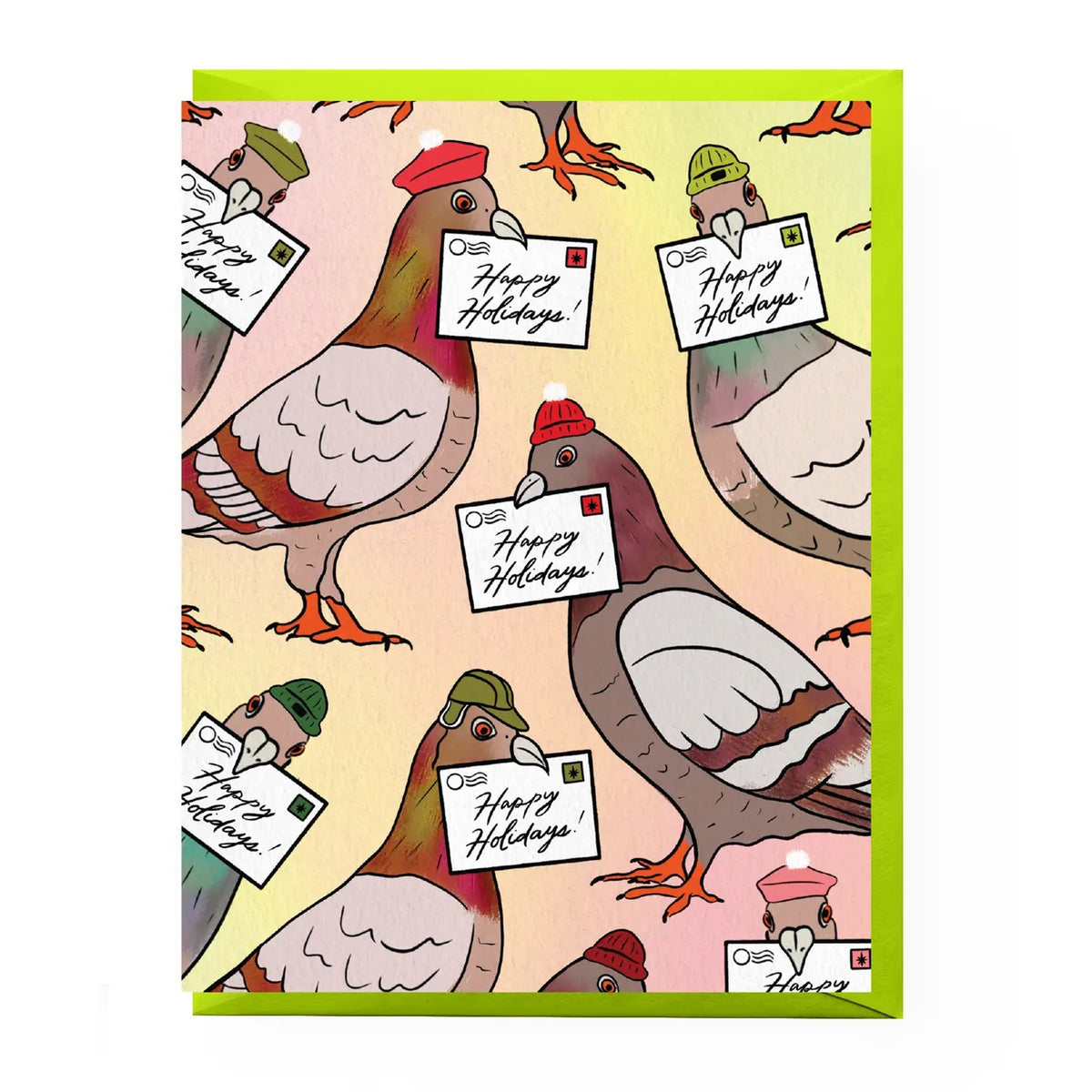Greeting card with cartoon birds wearing hats and holding 'Happy Holidays' signs on a light pink background.
