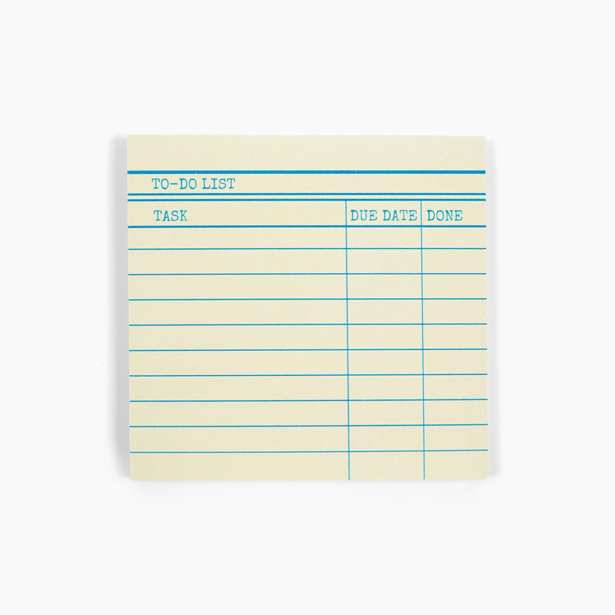 A square cream-colored notepad with a blue lined 'TO-DO LIST' template, photographed on a clean white background.