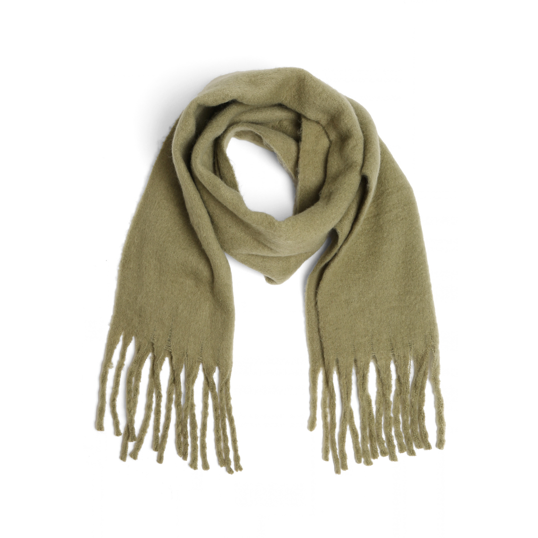 An olive green knit scarf with fringed ends, neatly arranged in a loop on a solid white background.