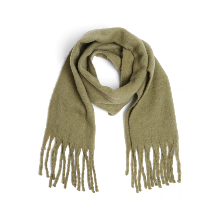An olive green knit scarf with fringed ends, neatly arranged in a loop on a solid white background.