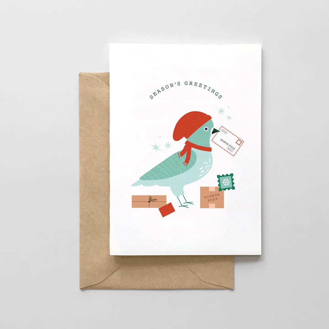 Greeting card with a bird illustration and envelope on a light gray background
