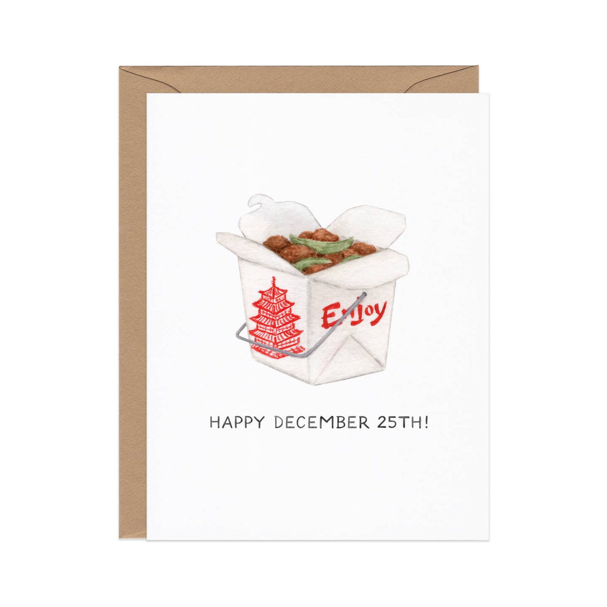 Card with a takeout container illustration and 'Happy December 25th!' text on a white background.