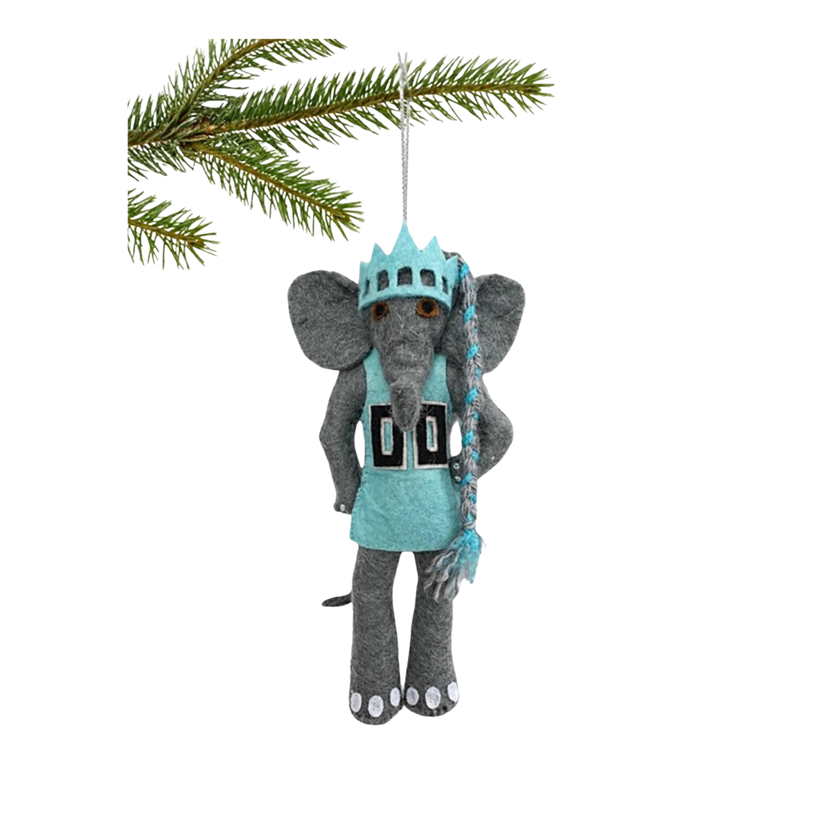 A felt elephant Christmas ornament hanging from a pine branch. The ornament is gray with a turquoise blue crown, matching apron, and a blue-and-white braided scarf, featuring the number '00' on the chest.