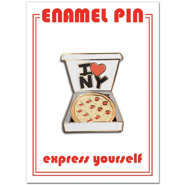 An enamel pin shaped like an open pizza box with a pepperoni pizza inside and the text &