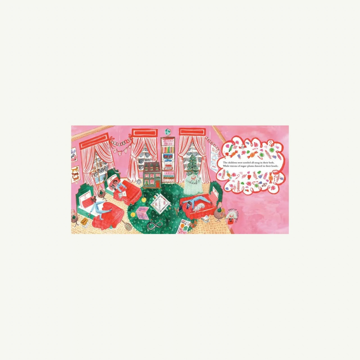A rectangular illustrated card or print with a pink background and a whimsical holiday living-room scene, shown centered on a light gray background. The artwork includes red furniture, green trees, books, and decorative text boxes.