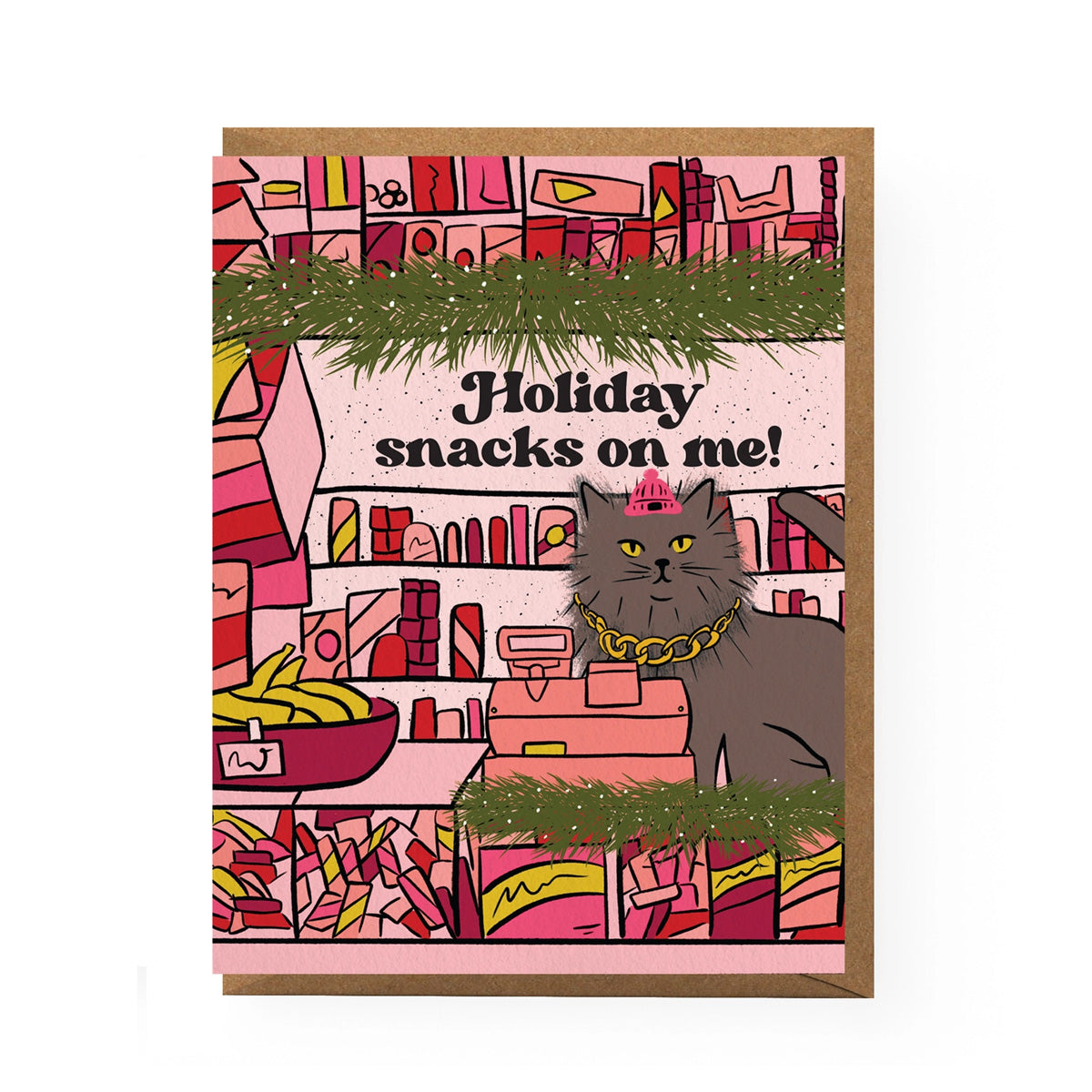 Card with a cat illustration in a store setting and text 'Holiday snacks on me!'