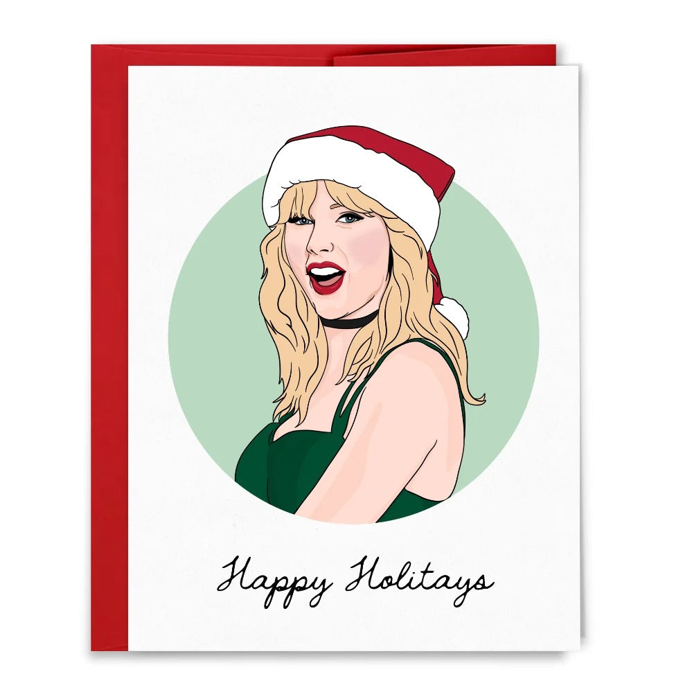 Card with a stylized illustration of a person wearing a Santa hat and green dress, with &
