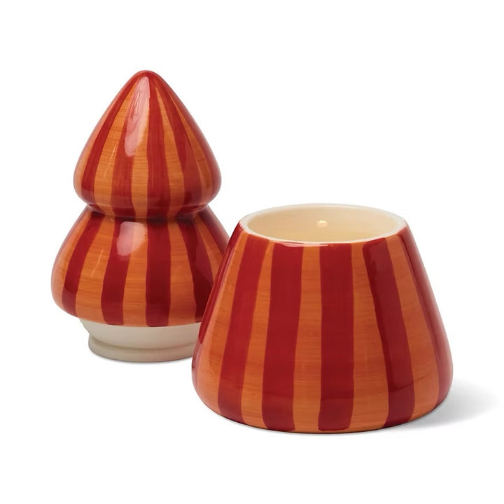A pair of ceramic candle holders with a glossy red and orange vertical striped pattern, one standing as a lidded container and the other sitting as an open vessel, on a white background.