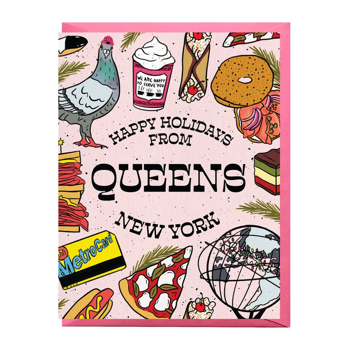 Greeting card with illustrations of food and landmarks from Queens, New York, and text &