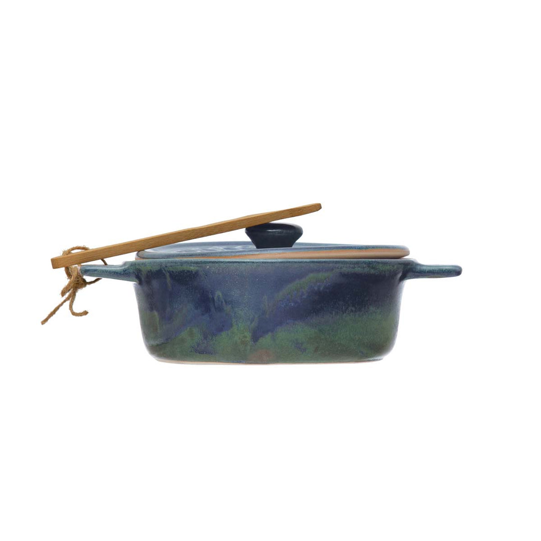 Stoneware Brie Baker with Bamboo Spreader in Blue
