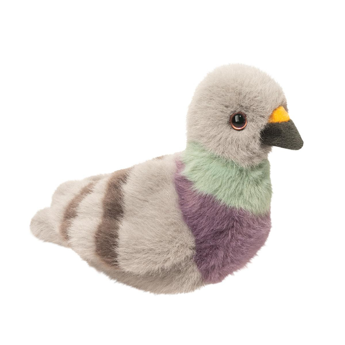 Plush toy pigeon with gray, purple, and green colors on a white background