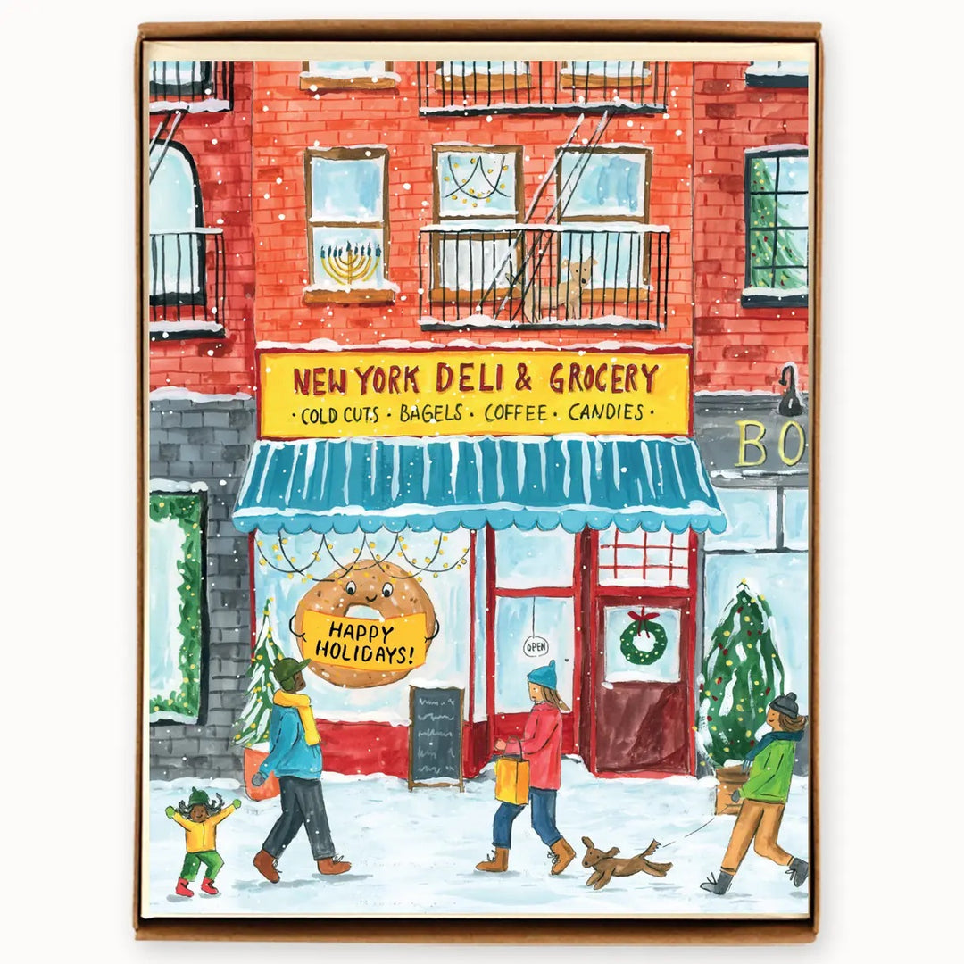 Illustration of a New York deli and grocery store with people walking by on a snowy day.
