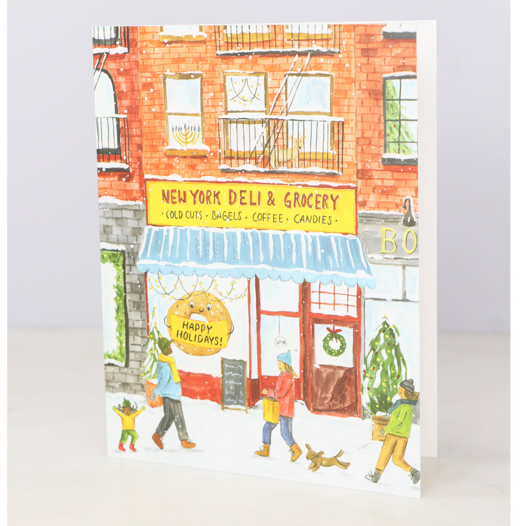 Illustrated card of a New York deli and grocery store with people walking by.