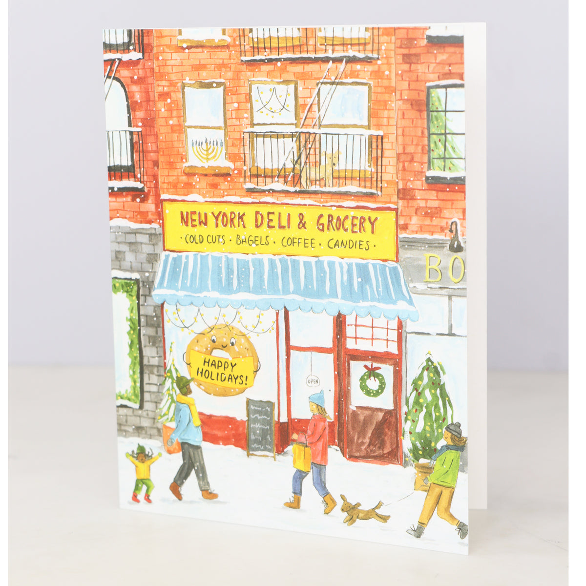 Illustrated card of a New York deli and grocery store with people walking by.