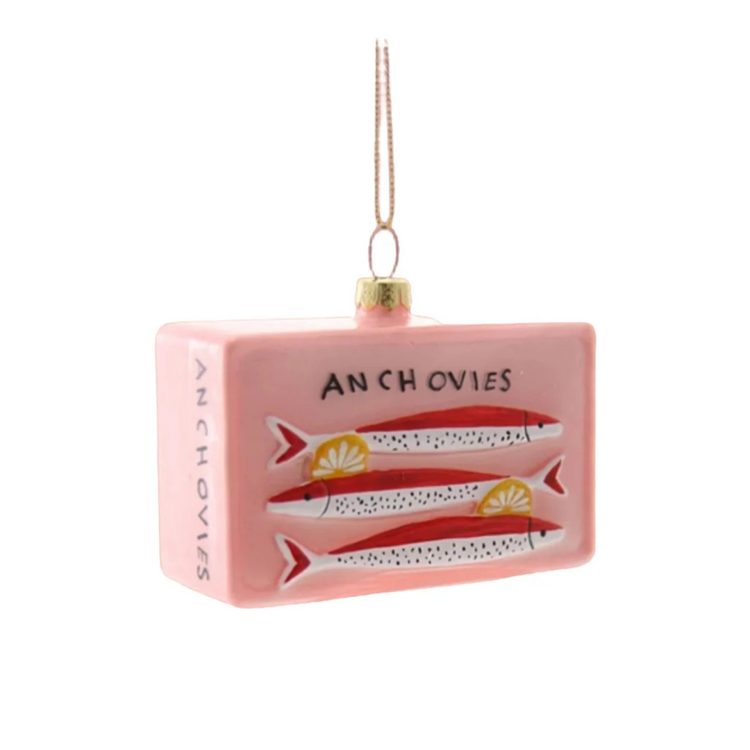 Pink box ornament with anchovies design on a white background