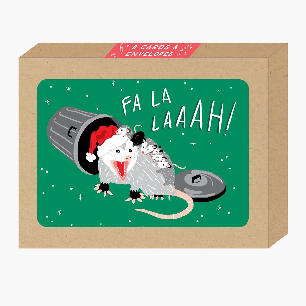 Box of Christmas-themed greeting cards with cartoon rats and 'Fa La LAAAH!' text on a green background.