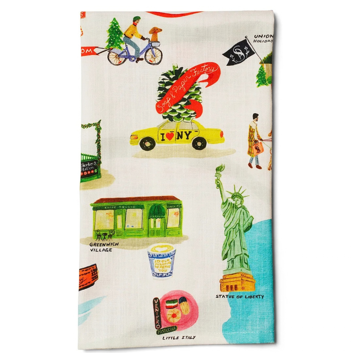 A square kitchen towel featuring a colorful New York City-themed illustration print on a white background, with drawings of a yellow taxi, Statue of Liberty, Greenwich Village, Little Steez, and Union Square.