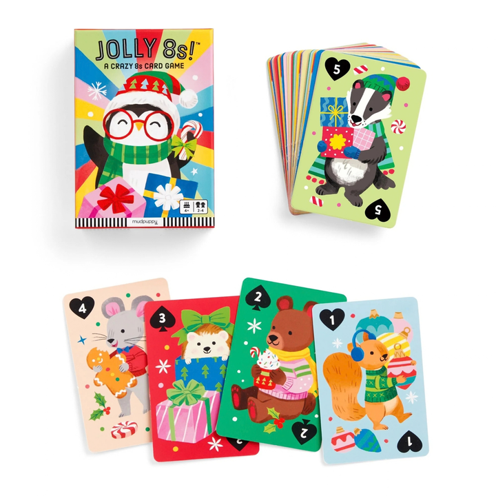 Card game packaging and cards with animal illustrations on a white background