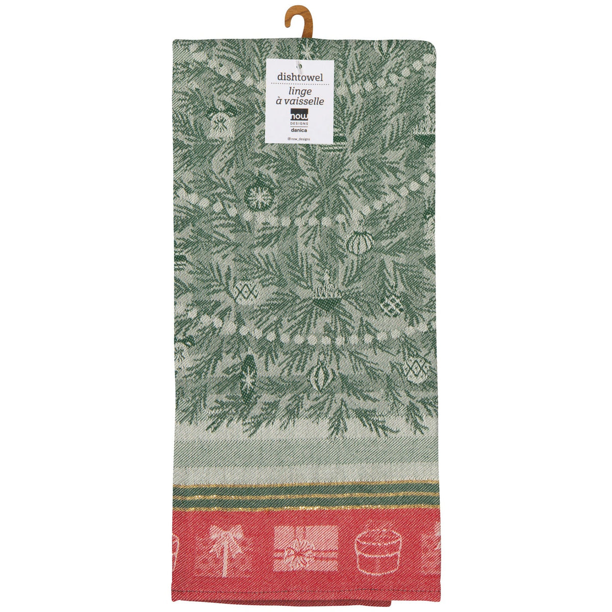 A green and white patterned kitchen dish towel with a red bottom border featuring holiday motifs, hanging from a wooden hanger with a white product label.