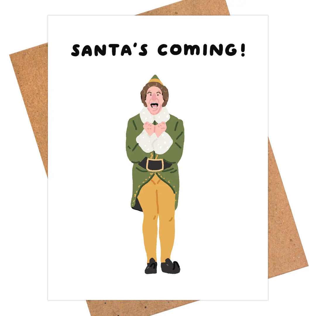 A greeting card featuring an illustrated character in a green coat and yellow pants with the text &