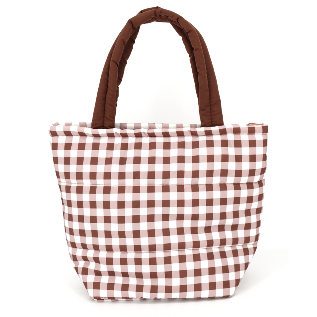 A quilted puffer tote bag with a brown and white gingham checkered pattern and matching brown padded shoulder straps, shown on a plain white background.