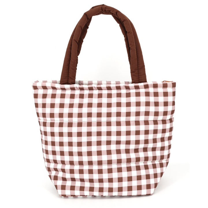 A quilted puffer tote bag with a brown and white gingham checkered pattern and matching brown padded shoulder straps, shown on a plain white background.