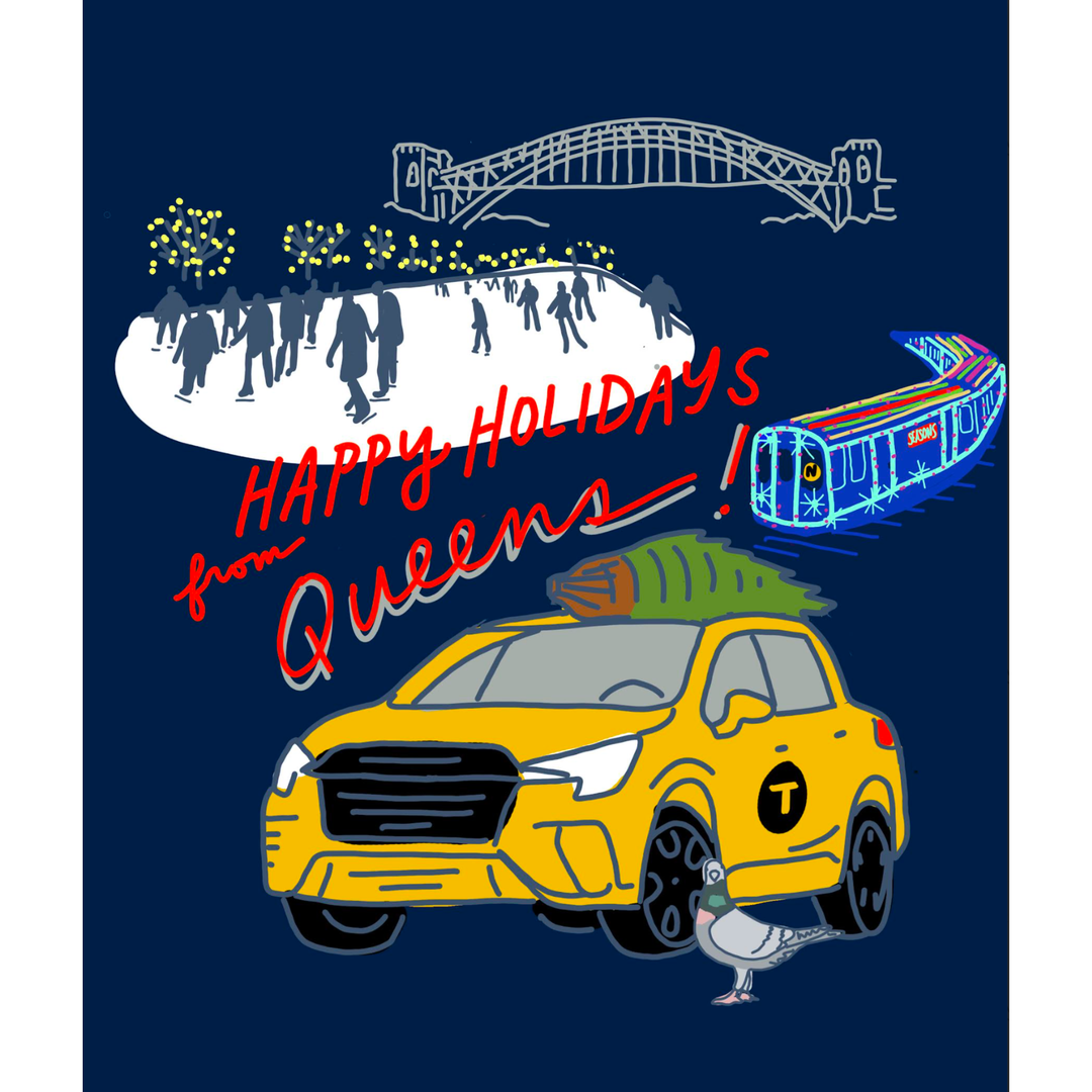 A graphic print featuring a yellow taxi with a Christmas tree on its roof, a blue train, a white silhouette of a crowd under a bridge, and red script text reading &