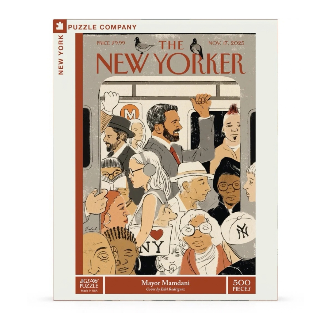 A boxed jigsaw puzzle from Puzzle Company featuring The New Yorker magazine cover art with illustrated city figures and the headline &