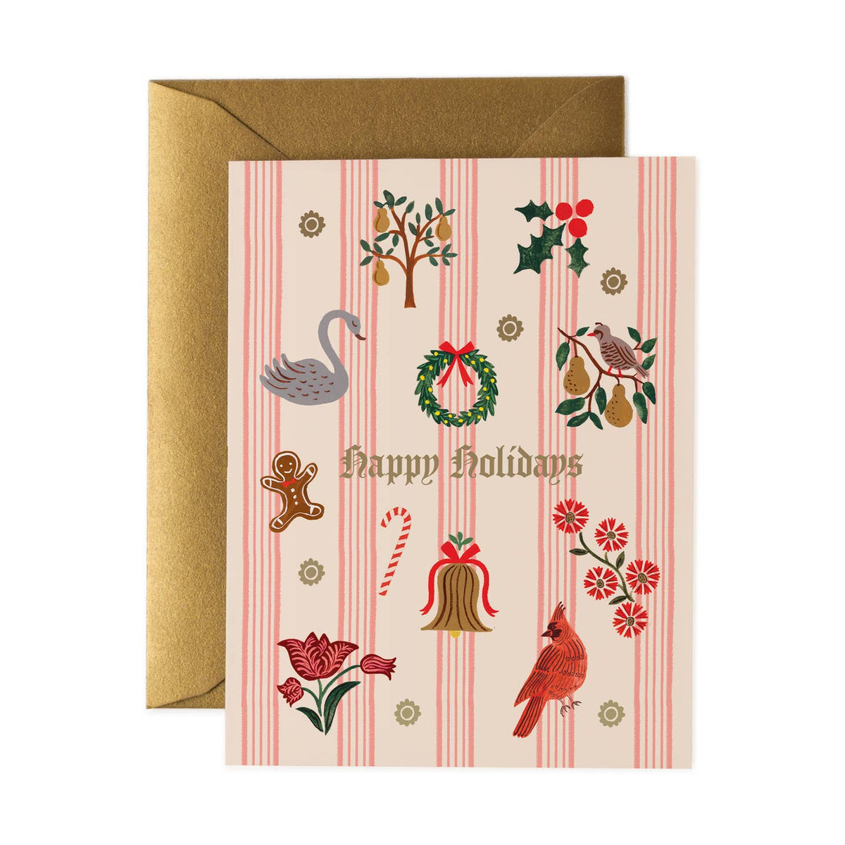 A Christmas greeting card with a gold envelope, featuring a cream background with pink vertical stripes and festive illustrations including a swan, wreath, candy cane, bell, flowers, and birds. The card reads 'Happy Holidays' in gold lettering.