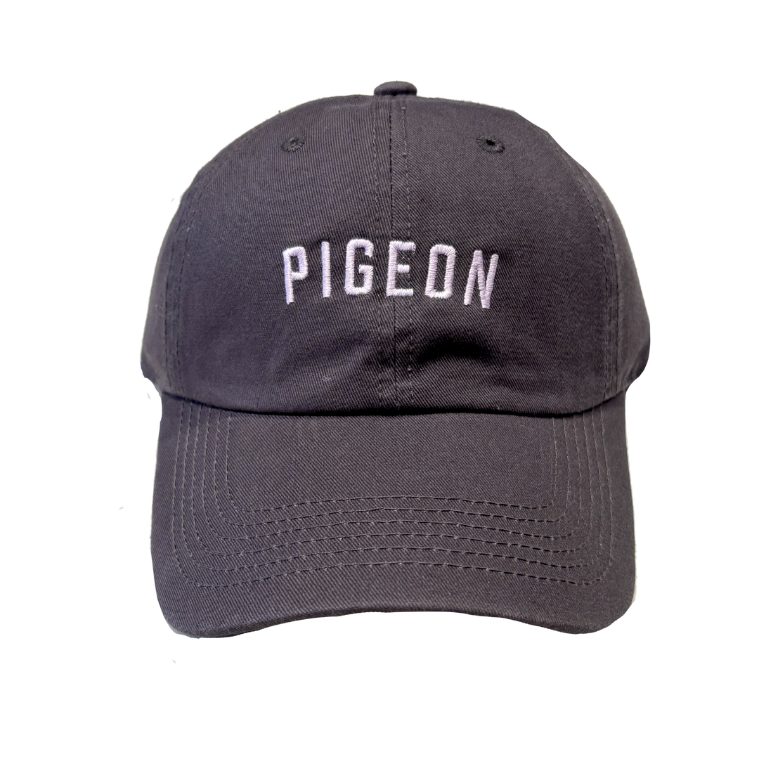A dark gray baseball cap with the word &