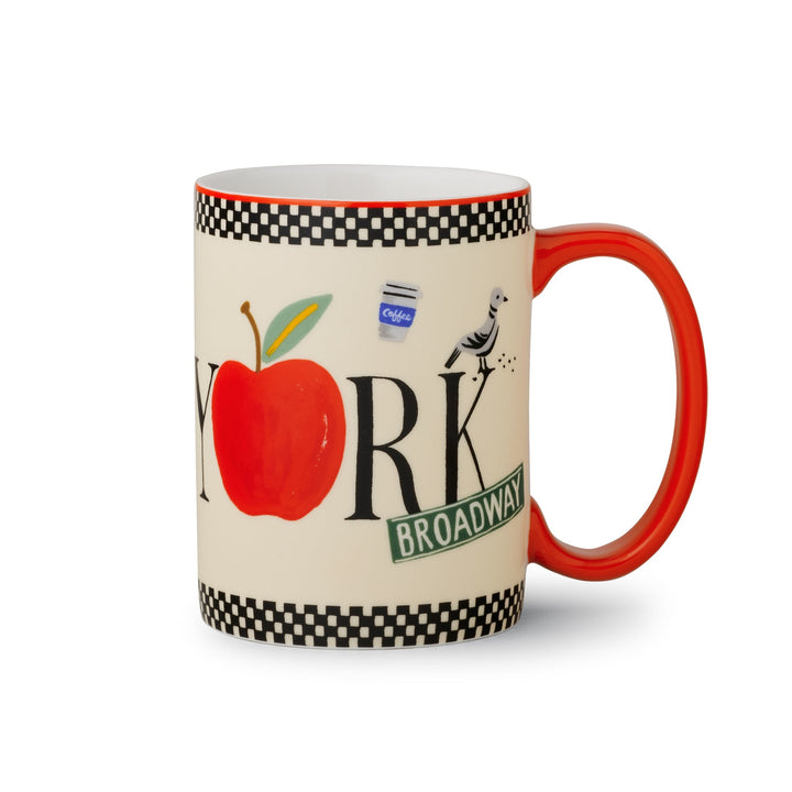 Mug with New York Broadway design featuring a red apple and checkered pattern on a white background