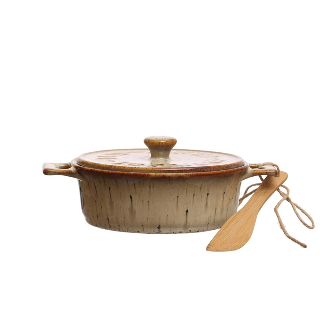 Stoneware Brie Baker with Wood Spreader in Brown