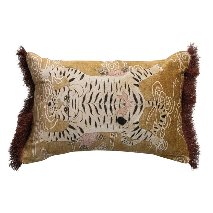 Velvet Tiger Lumbar Pillow w/ Fringe