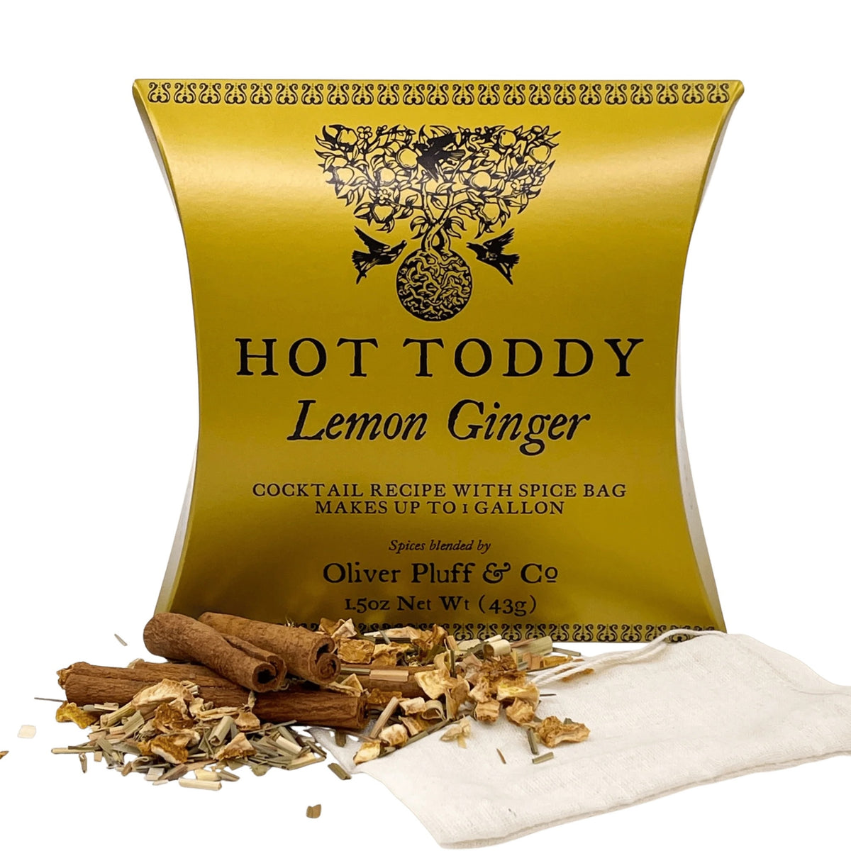 Hot Toddy Lemon Ginger spice bag with cinnamon sticks and dried herbs on a white background