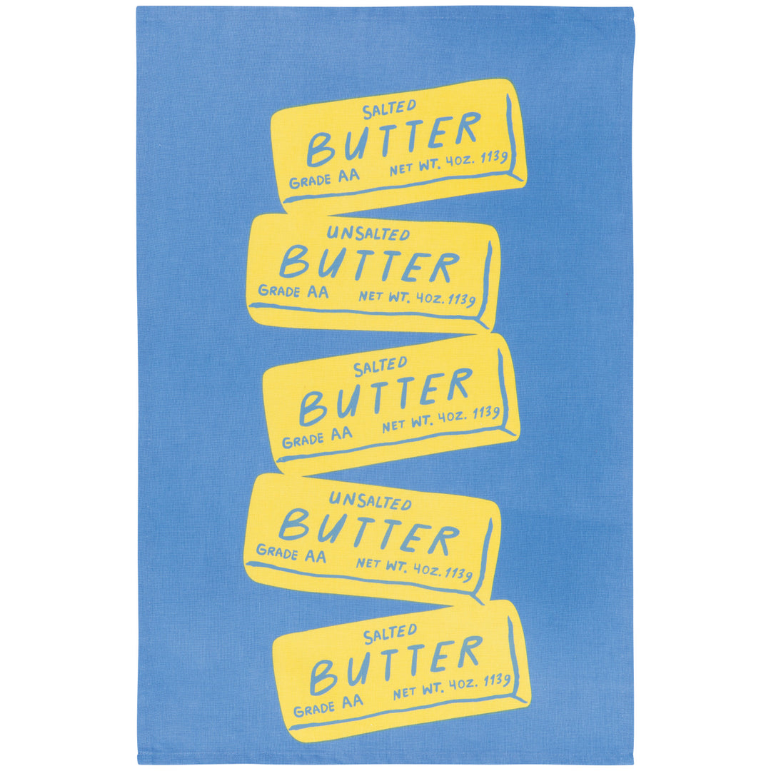 A blue kitchen towel featuring a graphic print of five yellow butter blocks stacked vertically, styled like vintage butter labels with text reading &