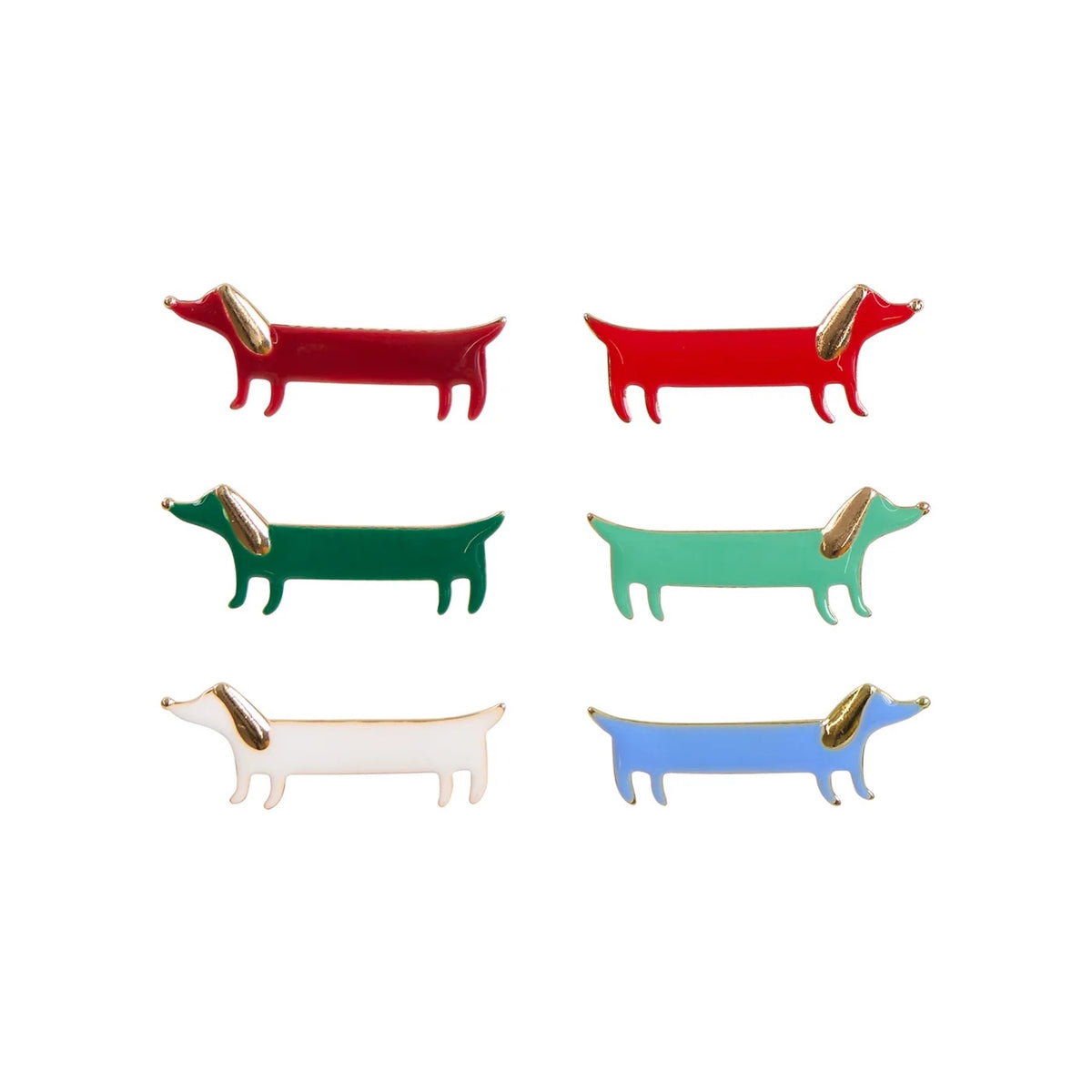 Six dachshund-shaped jewelry pieces in red, green, mint, cream, and blue, each with gold-tone ears and outlines, arranged in two columns on a white background.